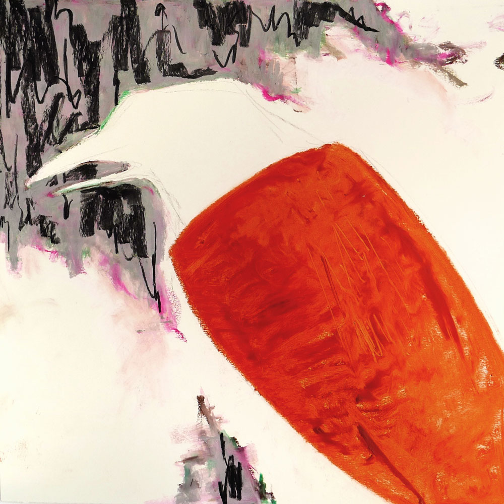 kunstwerk van een vogel met open bek en oranje vlak